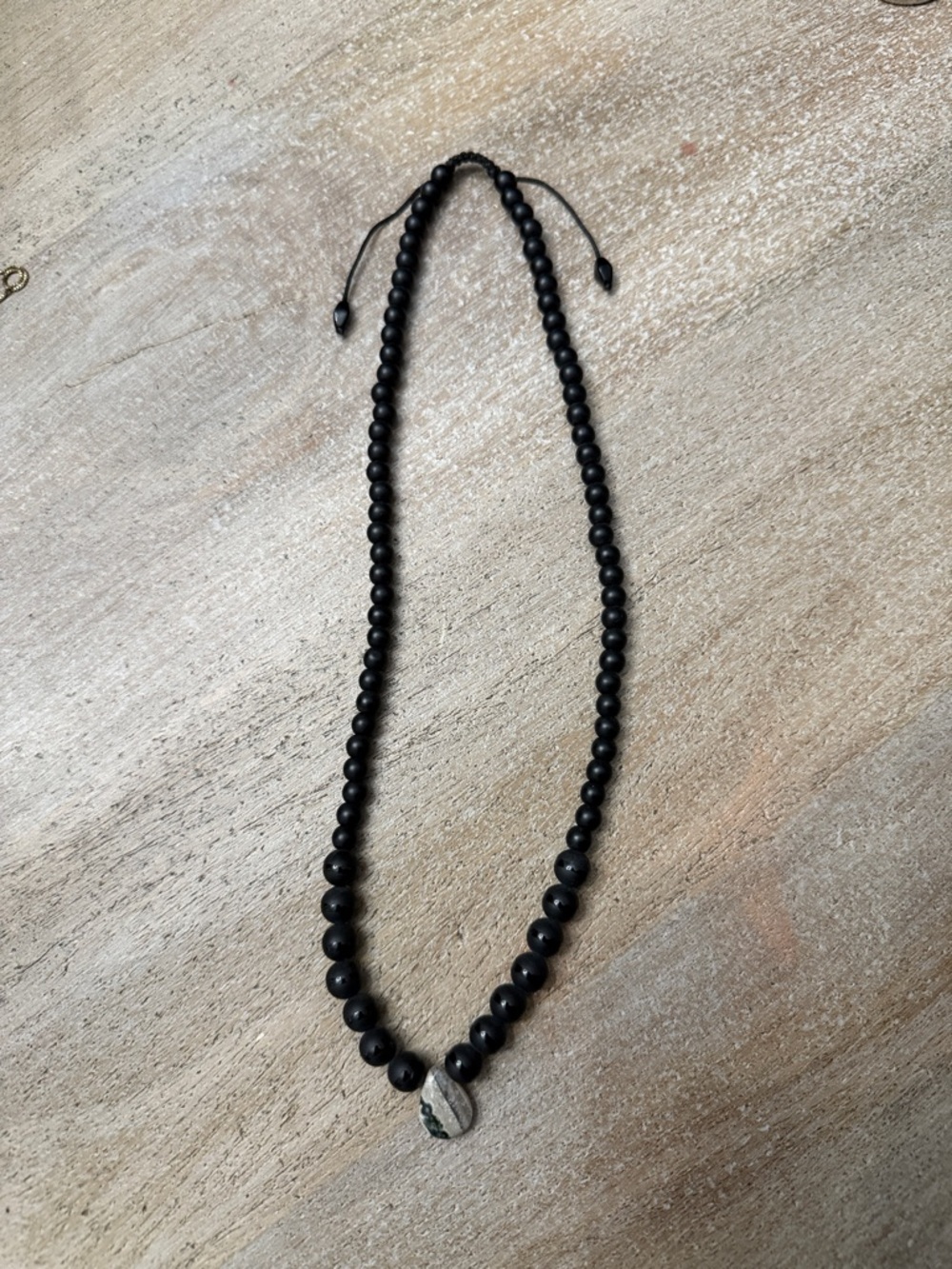Black Beaded Necklace with Marble Pendant